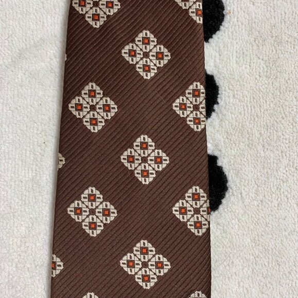 Vintage 60s Polyester Clip On Tie Brown Mod Disco Geometric Retro Wide Necktie - Picture 7 of 13